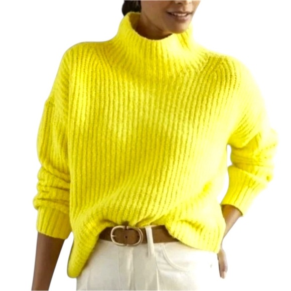 Anthropology lemon yellow funnel neck knit sweater size medium - Picture 1 of 10